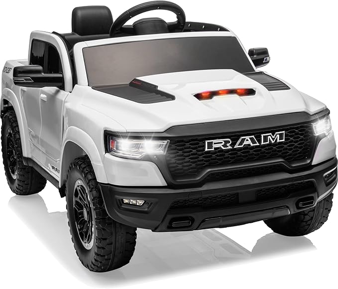 First Ride On Licensed Ram 1500 RHO 12V Kids Ride on Truck, Toddler Ride on Toys with Remote Control, Children Electric Vehicles with Truck Bed Storage, Smooth Start, Music, Bluetooth (White)