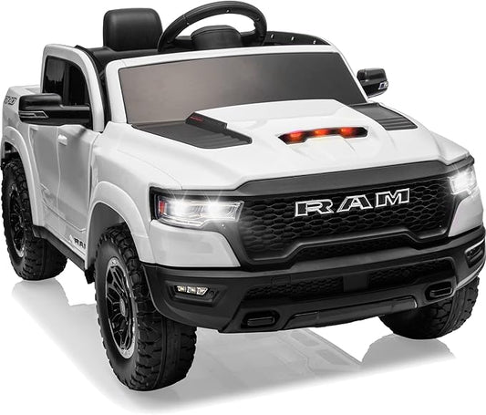 First Ride On Licensed Ram 1500 RHO 12V Kids Ride on Truck, Toddler Ride on Toys with Remote Control, Children Electric Vehicles with Truck Bed Storage, Smooth Start, Music, Bluetooth (White)