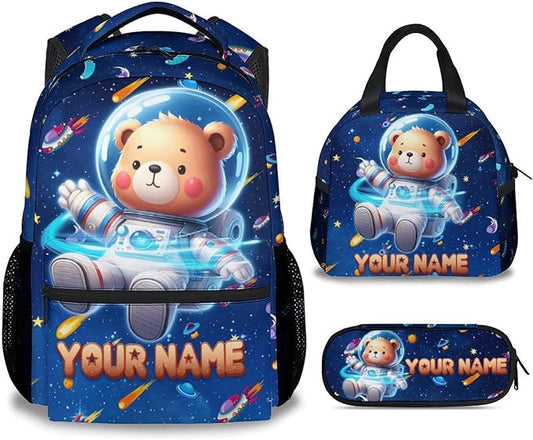 GiftoFLUX Bookbag for Boys - Personalized Bear Backpack Set for Kids Girls - Custom Backpacks for Toddlers - Planet School Bag for Kindergarten/Preschool/Elementary(17 Inch)