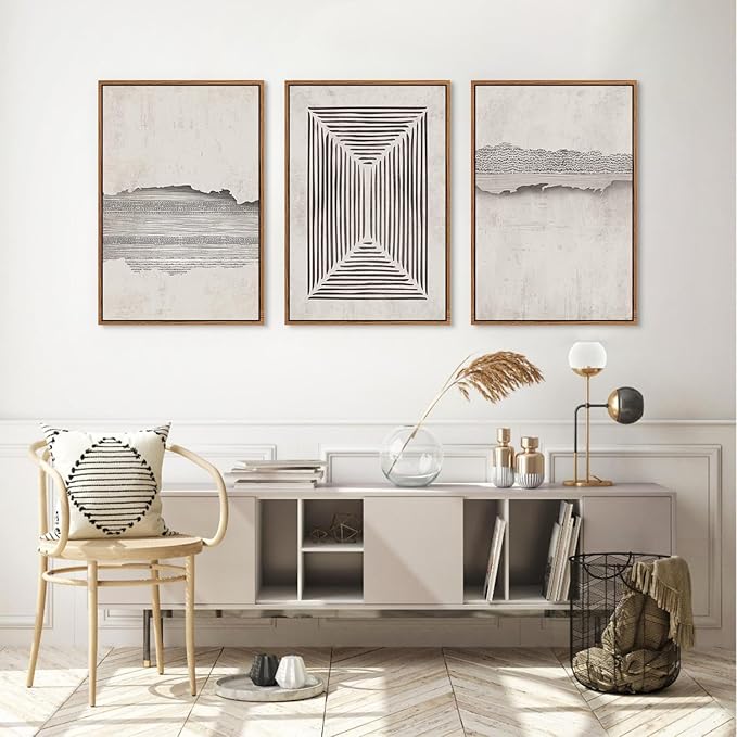 CHDITB Modern Abstract Canvas Art Prints, Set of 3 Neutral Framed Wall Art, Geometric Line Textured Minimalist Decor for Living Room - Large Size 24"x36"