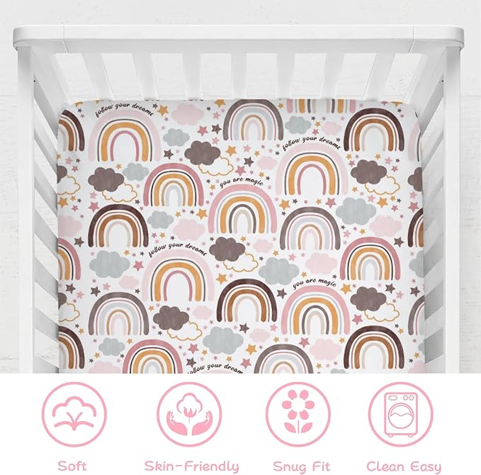 Colorful Boho Rainbow Baby Crib Sheet 52''x28'' Cute Rainbow Clouds Stars Fitted Crib Mattress Cover for Boy Girl Soft Bed Sheet for Standard Size Crib and Toddler Mattresses
