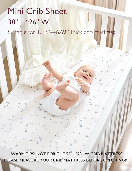 Momcozy Muslin Mini Crib Sheets Fitted - 38''x26'' Pack and Play Sheets for Pack N Play Mattress, 2 Pack Soft & Breathable Natural Cotton Non Slip Bed Cover for Boys, Girls, Blue Star Moon