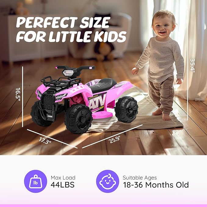 ATV for Kids, 6V Battery Powered Toddler 4 Wheeler w/Music, Light, 1.2mph Max Speed, Kids ATV 4 Wheeler for Toddlers Aged 1.5-3 Years Old, Light Pink