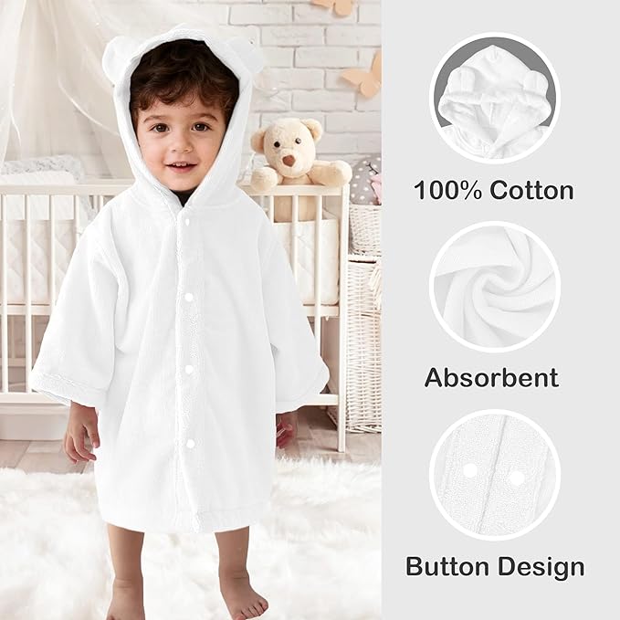 VOOVA & MOVAS Baby Hooded Towel with Bear Ear, 0-3Years | 100% Cotton, Ultra-Soft & Absorbent | Gentle for Sensitive Skin, Bath, Pool & Beach Towel | Newborn (White)