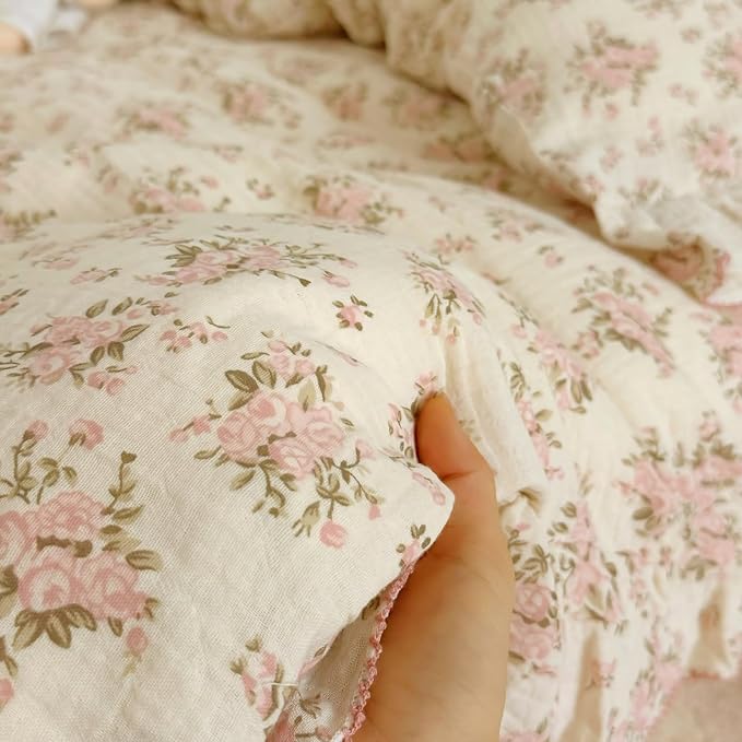BuLuTu Cottage Pink Floral Duvet Cover King, Muslin Comforter Cover with Ruffles, Princess Bedding Quilt Cover with Zipper & Corner Ties,90"x90", No Pillow Case, Soft Breathable Lightweight