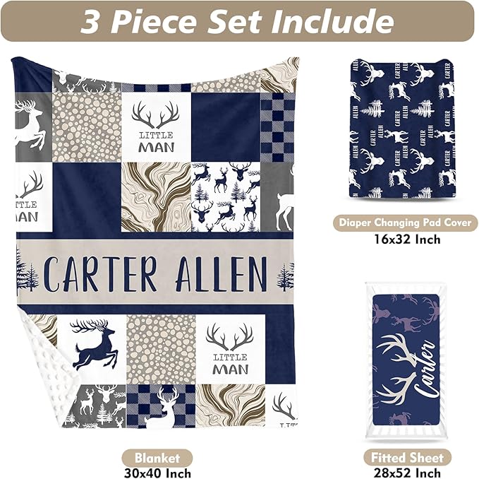 Custom Name Crib Bedding Set 3-Piece – Navy Deer Design Baby Bedding Set with Personalized Soft Blanket, Fitted Sheet, Changing Pad Cover – Ideal Newborn Gift for Boys and Girls
