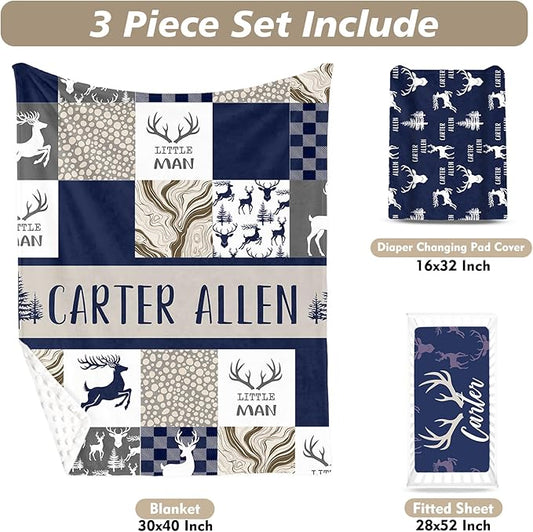 Custom Name Crib Bedding Set 3-Piece – Navy Deer Design Baby Bedding Set with Personalized Soft Blanket, Fitted Sheet, Changing Pad Cover – Ideal Newborn Gift for Boys and Girls