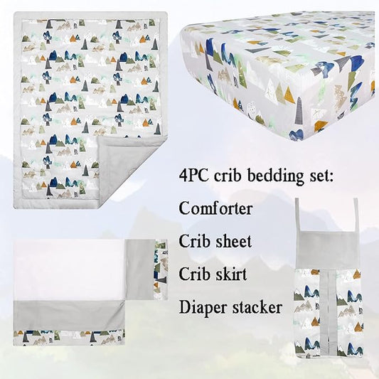 TANOFAR 4 Piece Crib Bedding Set for Boys, Infant & Toddler Nursery Bed Set with Crib Skirt, Quilt, Crib Sheet and Diaper Stacke, Standard Size Soft Baby Bed Set (Grey Mountain)