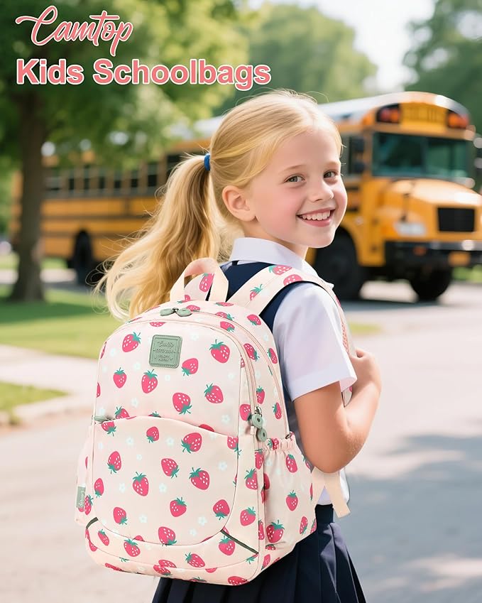 CAMTOP Toddler Backpack for Boys Girls 2-4, Kids Backpacks for Kindergarten Preschool, 12" H Small Bookbag for Daycare Travel (L - Pink Strawberry, 15"- Fit A4 Folder)