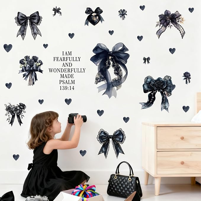 Black Bow Wall Stickers Watercolor Inspirational Bowtie Art Decor for Girls Bedroom Bows Bridal Shower Party Decals for Backdrop Peel and Stick Coquette Bible Art Vinyl Decal for Kids Baby Bedroom
