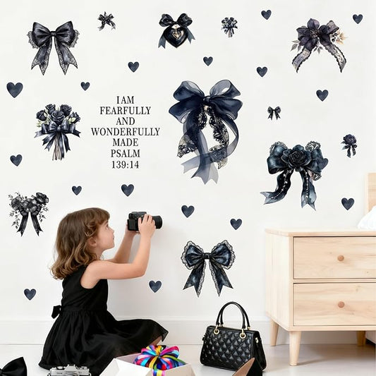 Black Bow Wall Stickers Watercolor Inspirational Bowtie Art Decor for Girls Bedroom Bows Bridal Shower Party Decals for Backdrop Peel and Stick Coquette Bible Art Vinyl Decal for Kids Baby Bedroom