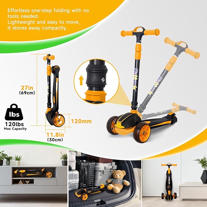 Nattork Kids Scooter for Age 3-8, Toddler Scooter with 4 Adjustable Height for Boys & Girls, Light Up 3-Wheels Foldable Kick Scooter, Lean to Steer, 120LB Weight Capacity