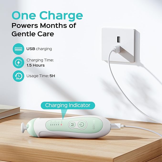 COSLUS Rechargeable Baby Nail File: Cordless Baby Nail Trimmer Electric with 5 Speeds & 6 Grinding Heads for Baby Kid, CPC Certified and Quiet Design - Safe for Sleep Trim Buffer, C52, Green