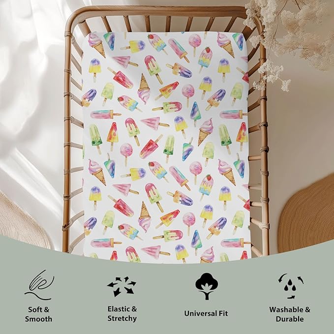 Watercolor Fruit Ice Cream Baby Crib Sheets for Boy Girl 52x28Inch Dessert Sweets Soft Stretchy Fitted Crib Mattress Cover Colourful Summer Nursery Baby Sheet for Crib and Toddler Bed Mattresses
