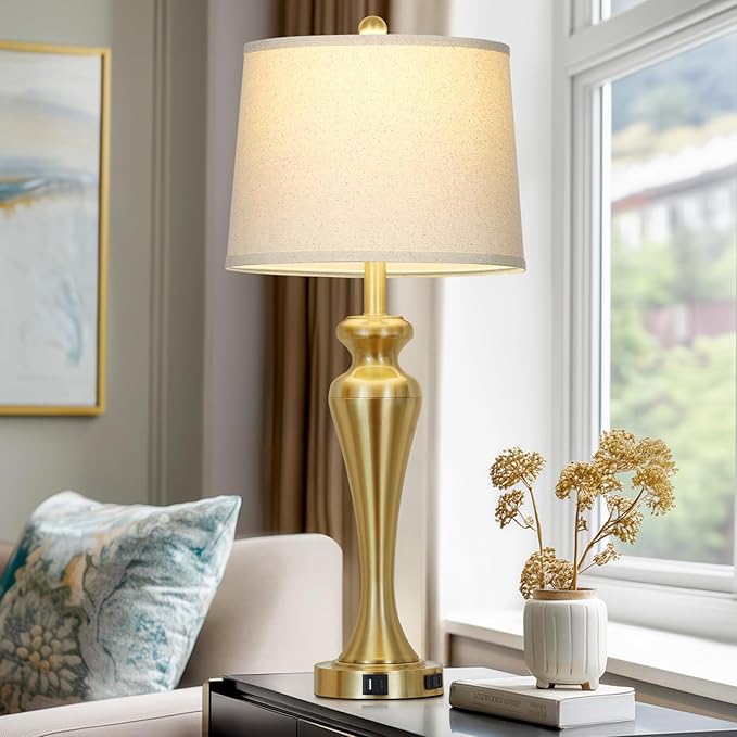luxeflow 30" Gold Tall Table Lamps for Living Room, Touch Control Bedroom Lamp with USB A+C Ports and AC Outlet, 3-Way Dimmable Bedside Table Lamps Set of 2, Modern Metal Lamp for Nightstand
