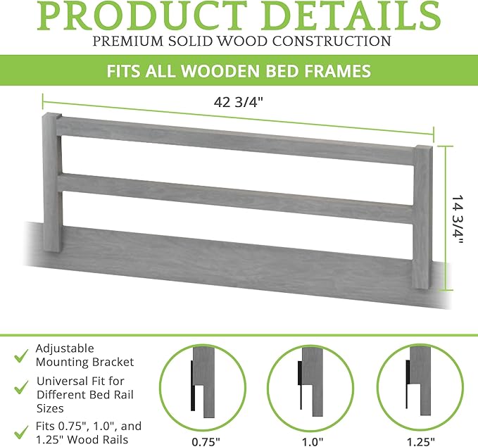 Safety Guard Rail for Baby, Kids, and Children - Solid Wood Safety Bed Rail for Toddlers - Easy Installation - Premium Protection for Bunk, Twin, Full, Queen and King Size Beds - (Steel / Storm Grey)