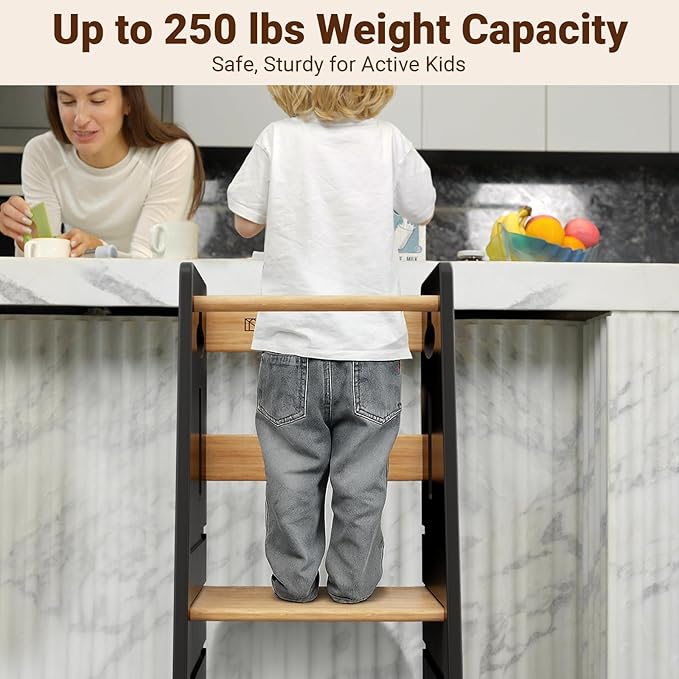 COSYLAND 3 Levels Adjustable Toddler Standing Tower - 33.5IN/85CM Stable Kids Kitchen Step Stool with Protective Crossbar - Wooden Toddler Kitchen Stool Helper(Black & Natural)