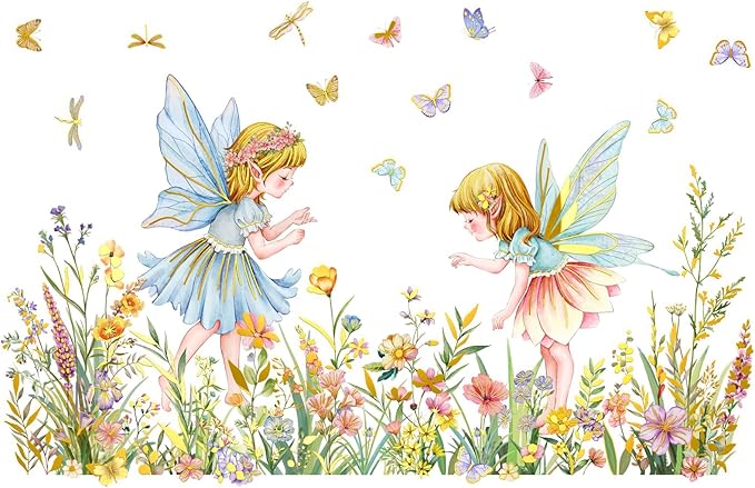 Flower Fairy and Butterfly Wall Decal Large Flower Field and Fairy Wall Stickers Fantasy Theme Peel and Stick Waterproof Decor Suitable for Children's Rooms Bedrooms