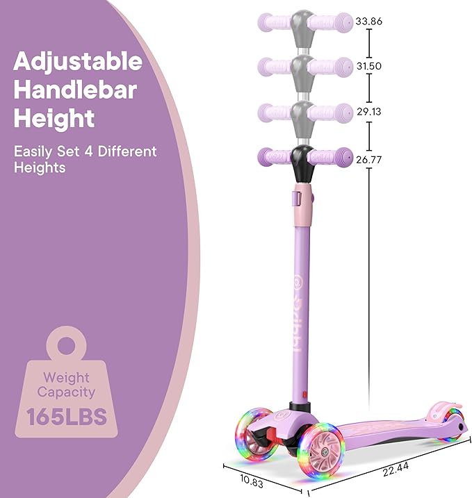 Dribbl 3-Wheel Kids Scooter - Lean-to-Steer Technology, Adjustable Height Handlebar, Wide Anti-Slip Deck, Scooter for Boys & Girls Ages 3+, Child Safety Approved, Support Riders Up to 165 lbs, Purple