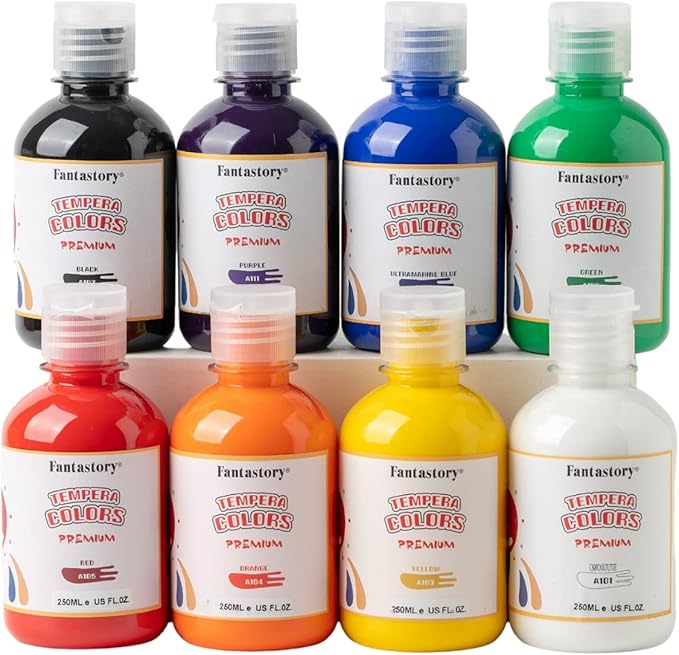 Fantastory Tempera Paint for Kids 8 Colors (8.4 oz Each) Washable Tempera Paint, Kids Poster Sponge Painting, Non-Toxic Finger Hand Bottles Gifts (8 Colors 8.4 oz)