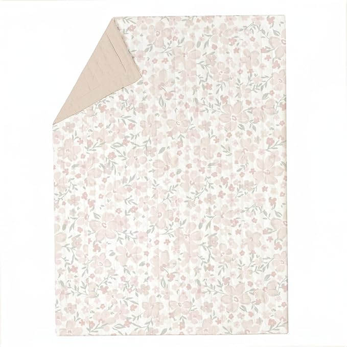 MakeMake Organics Organic Twin Comforter GOTS Certified Organic Kids Blanket Cotton Infill Tufted - Reversible Ultra Soft Breathable Boys Girls (68"x88", Blossom + Solid Taupe)