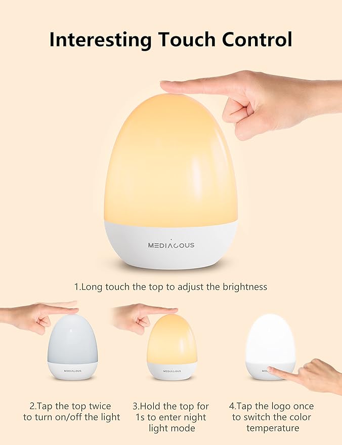 MediAcous Night Light for Kids, Baby Night Light with Stable Charging Pad, Dimmable Kids Night Light with 1H Timer & Touch Control, ABS+PC LED Egg Lamps for Breastfeeding, Up to 200H