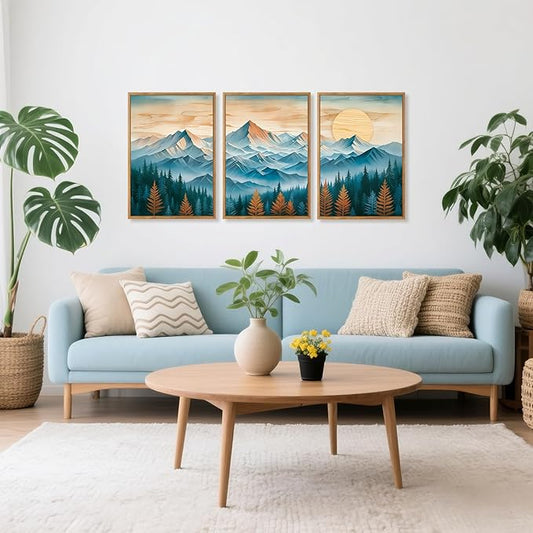 CHDITB Mountain Landscape Framed Canvas Wall Art Set, Nature Forest Inspired Wall Decor, Sunset Art Spiritual Wall Painting, Vintage Woodcut Art Prints for Living Room, Bedroom, Office-16 x24 x3