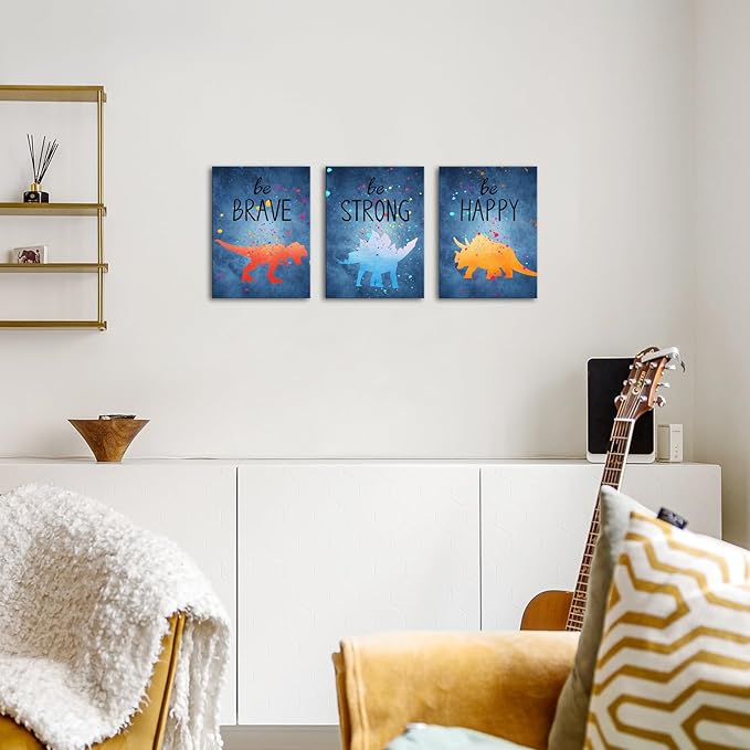 Apicoture Navy Blue Dinosaur Kids Room Wall Decor Brave Happy Cartoon Quotes Dinosaur Paintings Canvas Wall Art Pictures For Childrens Bedroom Framed, 12"X16"X3 Panels (Blue)