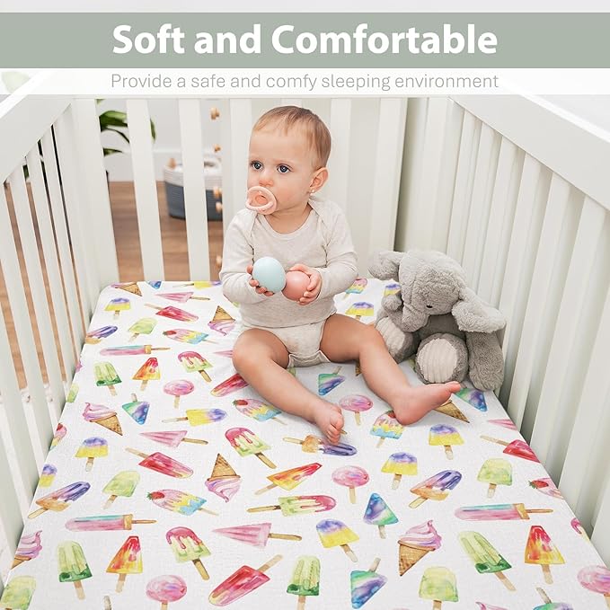 Watercolor Fruit Ice Cream Baby Crib Sheets for Boy Girl 52x28Inch Dessert Sweets Soft Stretchy Fitted Crib Mattress Cover Colourful Summer Nursery Baby Sheet for Crib and Toddler Bed Mattresses