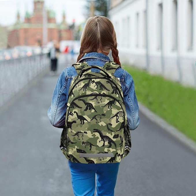 MNSRUU School Backpack with Chest Strap, Dinosaur Camouflage Pattern Laptop Backpack, Travel Hiking Backpack for Boys Girls, Rucksack, Knapsack