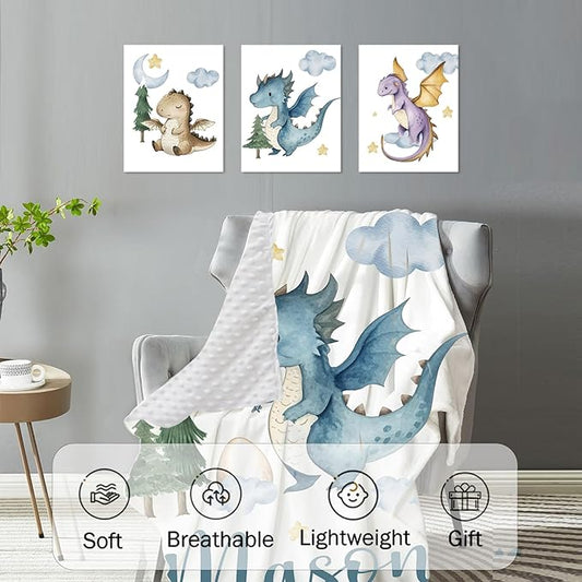 Personalized Baby Crib Bedding Set for Baby Boys Girls, Blue Dinosaur Design Custom Name Baby Crib Sets 5-Pcs, Toddler Double Layer Blanket Fitted Sheets Changing Pad Cover Rug Wall Art Set