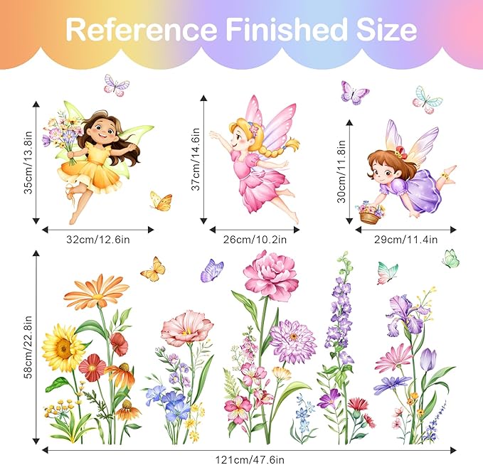 Tanlaby Flower Fairy Wall Decals Butterfly Girl with Wildflower Sunflower Wall Stickers Elves Wall Art Decor for Girl Baby Nursery Kids Bedroom Living Room