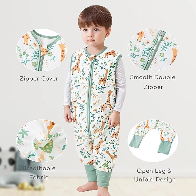 Toddler Sleep Sack with Feet 2-3 T, 1.0 TOG Cotton Baby Wearable Blanket with Legs, Sleep Bag Walker with 2-Way Zipper, Green + Giraffe