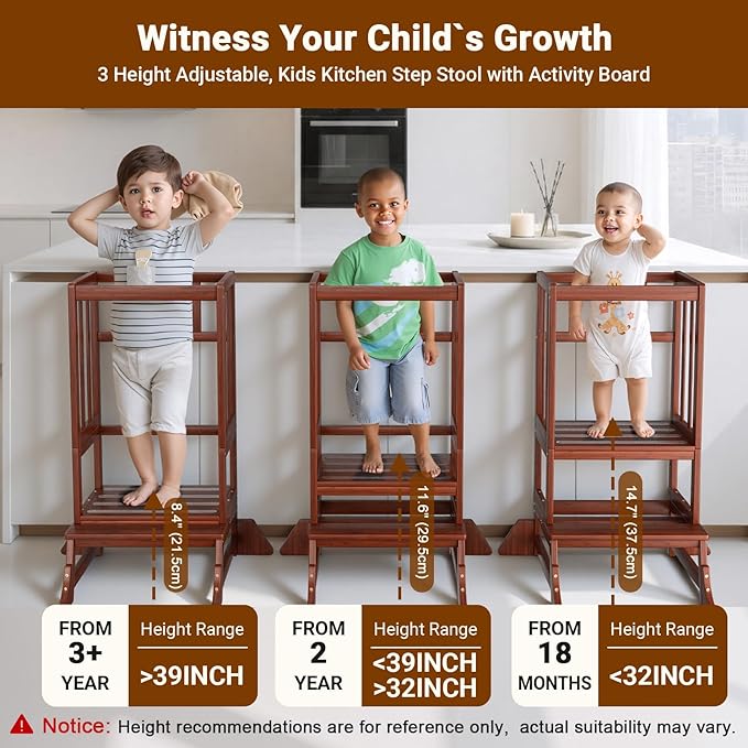 COSYLAND Toddler Step Stool Height Adjustable – Portable Kids Kitchen Stool Helper with Stabilizing Base Block – Toddler Standing Tower for Bathroom Kitchen Living Room Dining Room (Brown)