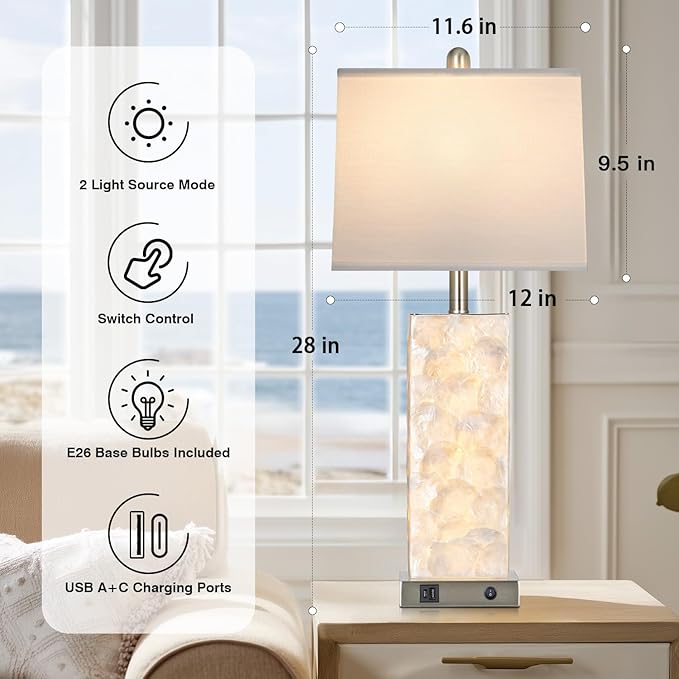 luxeflow 28" Coastal Table Lamps for Living Room Set of 2, Bedside Lamps with Night Light, USB A+C Ports, Modern Sea Shell Bedside Night Stands Light for Beachy Cottage Decor (Silver)