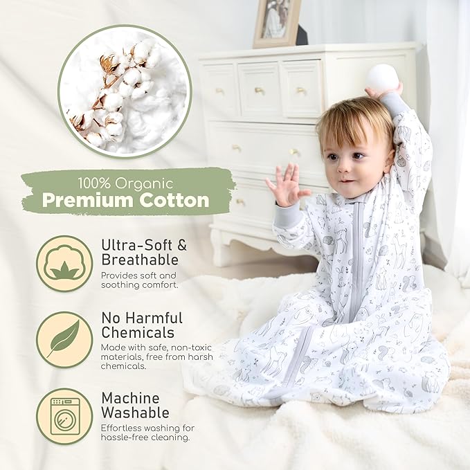 Mama Cheetah Baby Sleep Sack with Sleeves, 0.5 TOG Organic Cotton Wearable Blanket and Two-Way Zipper, Swaddle Transition Long Sleeve Sleeping Bag for Newborn Infant Toddler, 18-24 Months