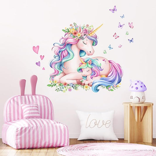 Watercolor Unicorn Wall Stickers, Sleeping Cute Unicorn Wall Decals Peel and Stick Wall Decal Self Adhesive Home Decor for Girls Nursery Kids Room