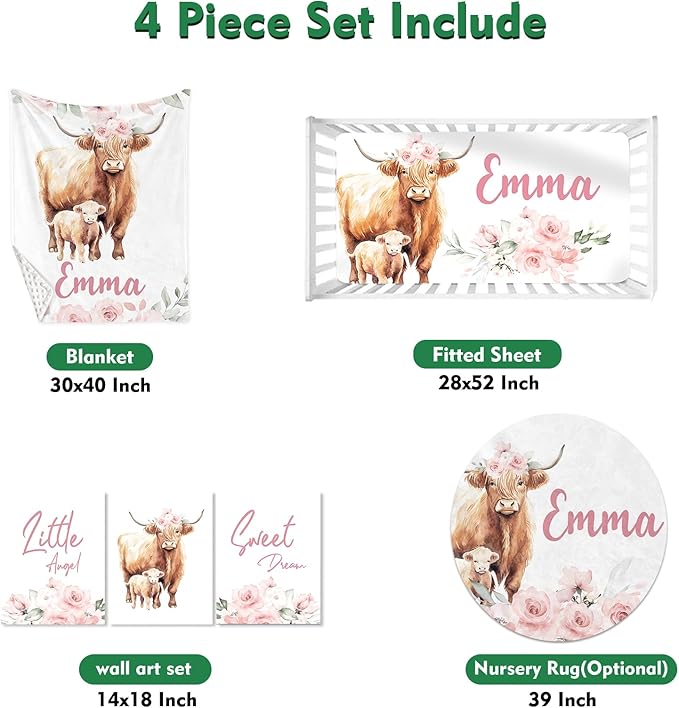 Custom Baby Crib Bedding Set,Personalized Name Pink Highland Cow Pattern Nursery Bed Set 4 Piece,Baby Blanket Fitted Sheet Nursery Rug Wall Art Set,Custom Room Decor Idea Gift for Newborns Boys Girls