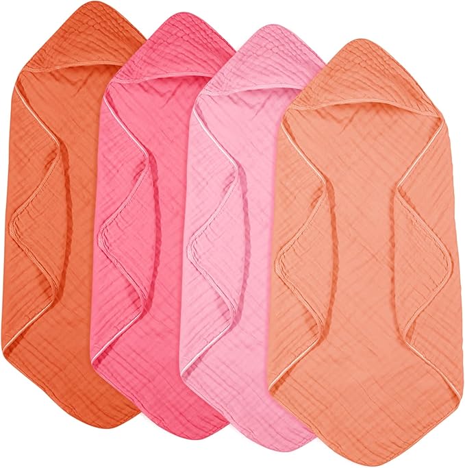 Peryiter 4 Pcs Muslin Hooded Baby Towels, 32x 32'' Cotton Newborn Bath Towel Muslin Infant Baby Blankets Absorbent Unisex Christmas Registry Gift Essentials for Girls Boys (Rainbow Colors)