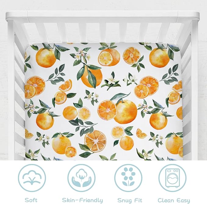 Watercolor Oranges Baby Crib Sheet 52''x28'' Retro Orange Floral Leaves Stretchy Fitted Crib Mattress Cover for Boy Girl Boho Summer Fruits Soft Bed Sheets for Standard Crib Toddler Mattress