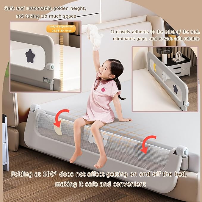 U Type Toddler Bed Rail Guard, Foldable Bed Rails for Toddlers, Adjustable, Safety, Convenient, Guard Rail with Twin, Full, Queen& King Size (Grey Patchwork,59inch)