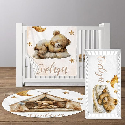Custom Baby Crib Bedding Set, Personalized Name Star Bear Design Crib Set 3 Pcs, Soft Double Layer Blanket, Crib Sheet & Room Rug, Ideal Nursery Decor Gift for Baby Girls Boys