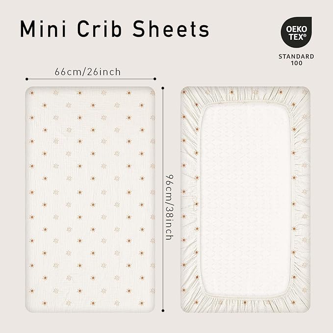 Gllquen Baby Muslin Mini Crib Sheets 3 Pack, Breathable Pack and Play Sheets Fitted Soft Cozy Cotton Pack N Play Sheets for Baby Boy Girls, Universal Fitted Mini Crib Mattresses 38"x26" (Yellow)