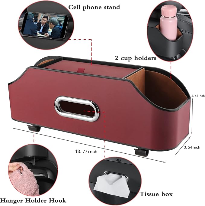 HALOYIVGO Car Seat Back Organizer - Stylish & Functional Storage for Family Adventures - Cup Holders, Tissue Box & Hooks - Perfect for Kids, Road Trips & Travel (Red)