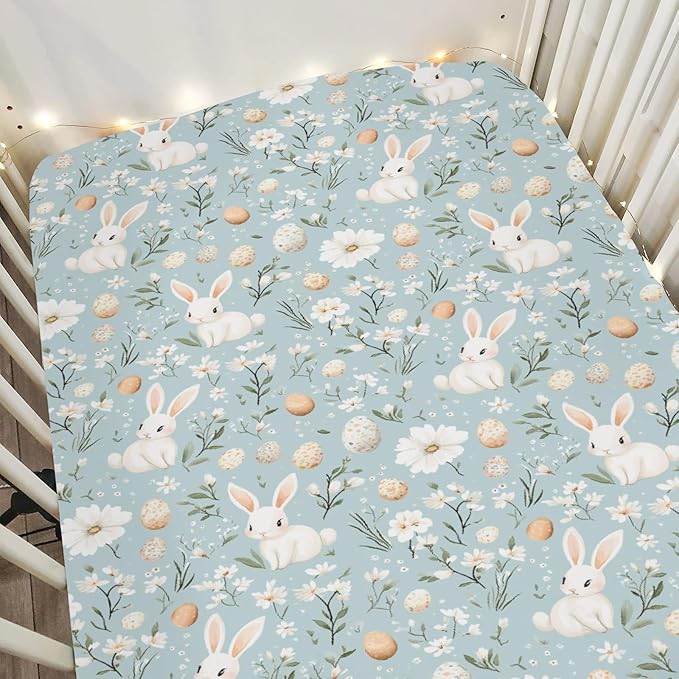 Blue Spring Bunnies Daisy Floral Baby Crib Sheets for Boy Girl 52x28 Cute Rabbits Eggs Flowers Soft Snug Fitted Crib Mattress Covers Spring Garden Baby Sheet for Standard Crib & Toddler Bed Mattress