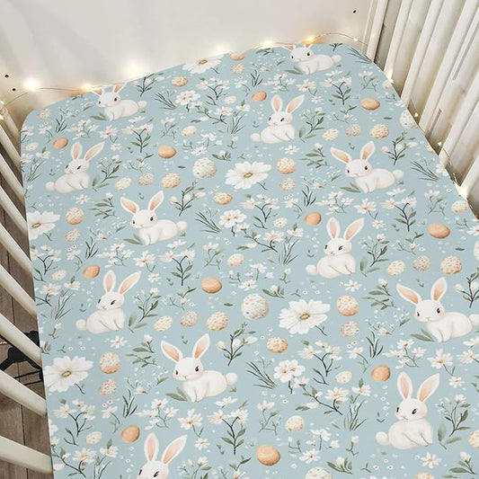 Blue Spring Bunnies Daisy Floral Baby Crib Sheets for Boy Girl 52x28 Cute Rabbits Eggs Flowers Soft Snug Fitted Crib Mattress Covers Spring Garden Baby Sheet for Standard Crib & Toddler Bed Mattress