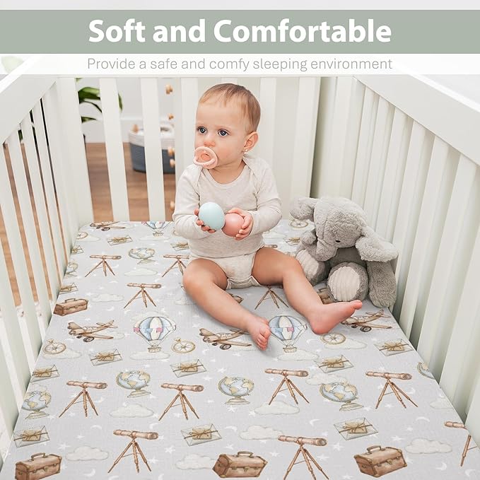 Adventure Baby Crib Sheets for Boy Girl 28"x52" Travel Planes Compass Luggage Globe Explore Soft Snug Fitted Crib Mattress Covers Holiday Vacation Baby Sheet for Standard Crib & Toddler Bed Mattress