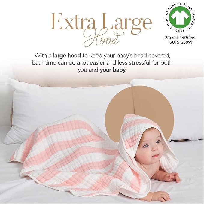 Muslin Hooded Baby Towel 4 Pack, Preuim Muslin 6 Layers Natural Cotton Baby Bath Towels, Soft and Comfortable for Boys,Girls (32x32,Pink Striped and White)