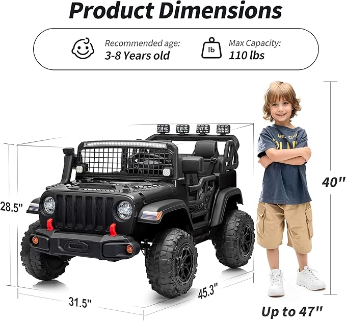 2 Seater Ride on Car Toy, 24V 4WD Electric Car for Kids 4-8 with Remote Control, 4x200W Motors, Capacity 110 lb - Black