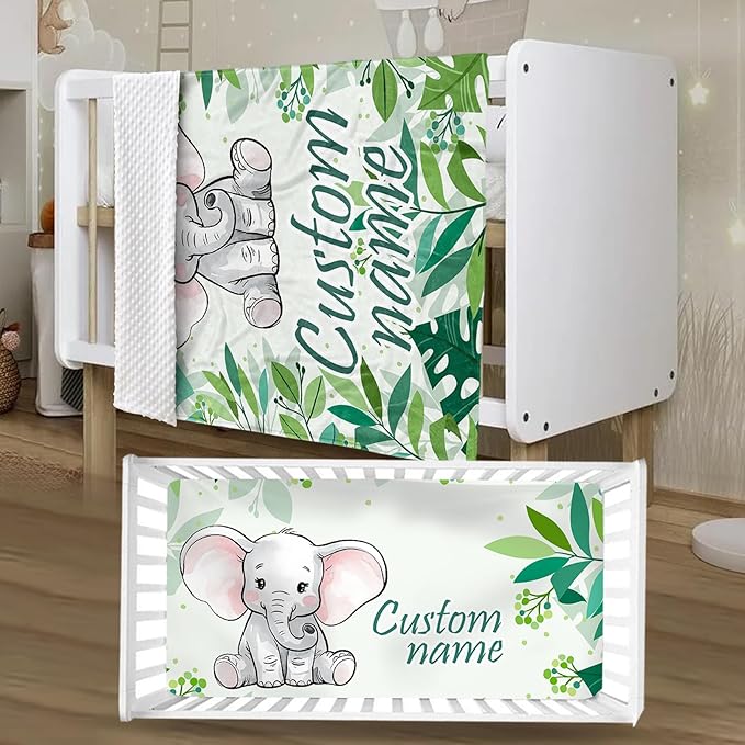 Personalized Crib Bedding Set for Boys Girls, Custom Baby Crib Sets with Name, Green Elephant Design Nursery Bedding 2 Piece - Soft Blanket with Double Layer Dotted Backing, Crib Fitted Sheet